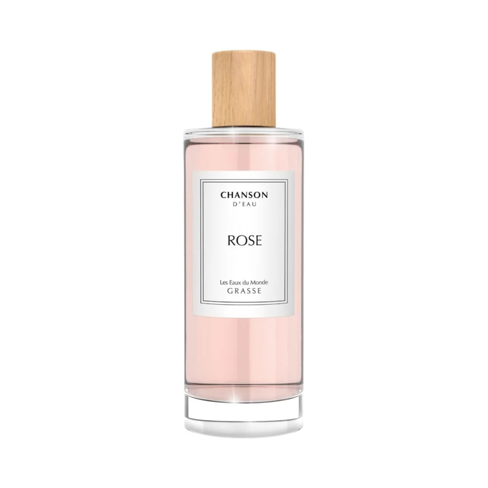 Frasco do Perfume Chanson d'Eau Rose Eau de Toilette 100ml com líquido rosa claro e tampa de madeira clara